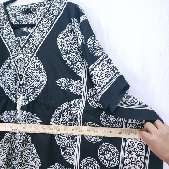 Nf Black and White Floral Geometric Pattern Moo Moo Kaftan Relaxed Maxi Dress - Picture 6 of 16